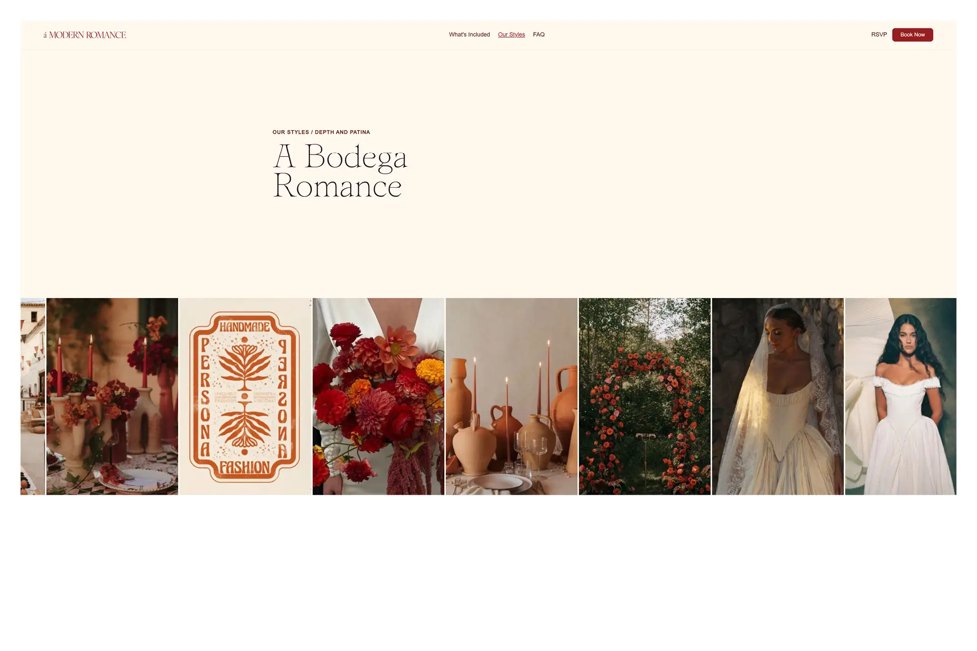 Screenshot of the A Modern Romance website showing the "A Bodega Romance" style page, subtitled "Our Styles / Depth and Patina." A horizontal scroll of moodboard images features terracotta candles, rich red dahlias, rustic ceramic vessels, a floral arch, and two bridal portraits on a warm cream background.